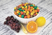 Fruity Poppin Popcorn in bowl on counter with ingredients