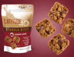 Cranberry Almond granola bites bag with 4 bites to the right and a red background